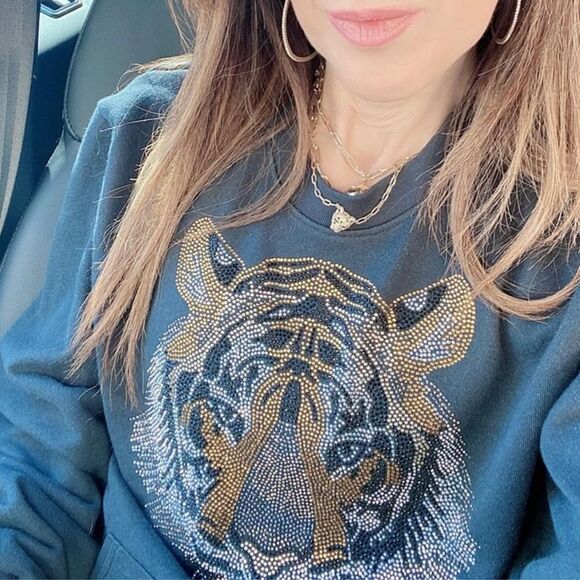 Yvette Mandell Rare Black Rhinestone Embellished Tiger Crewneck Sweatshirt - Picture 2 of 7
